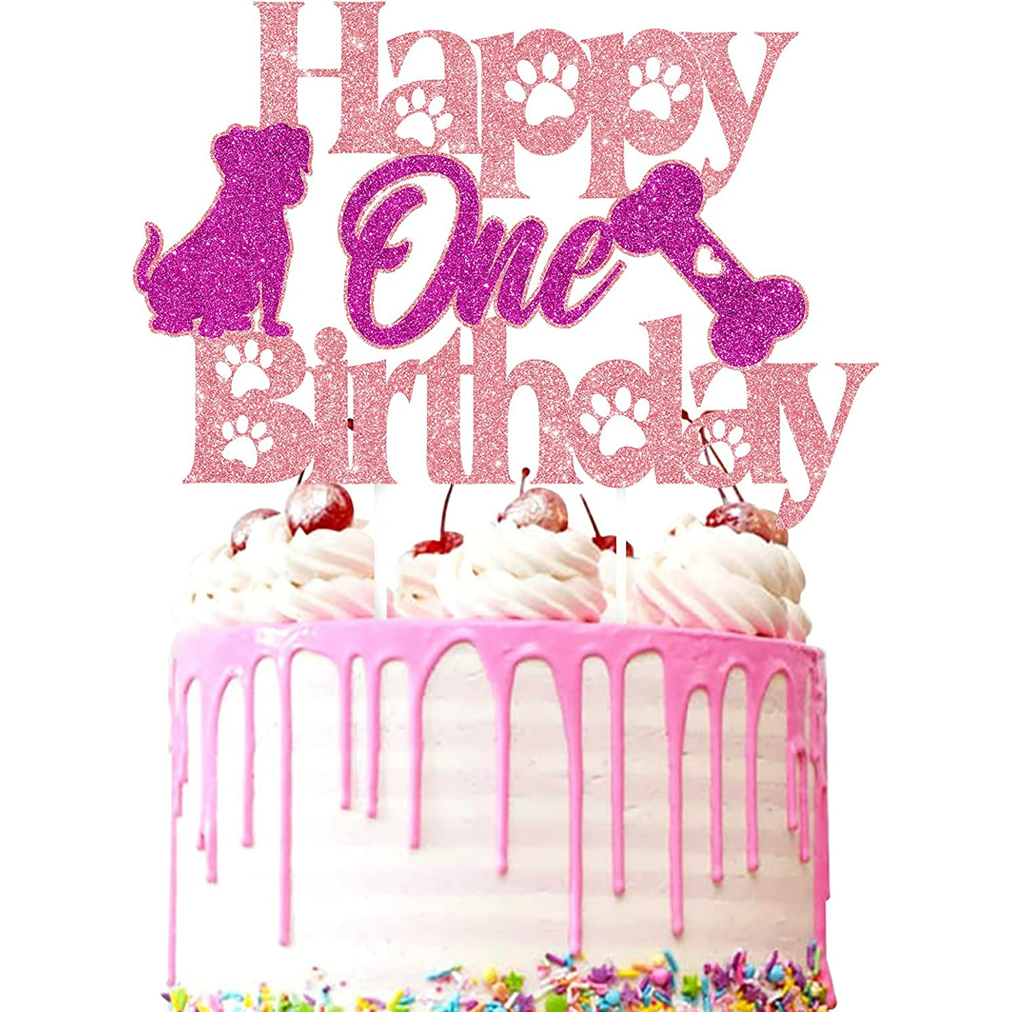 Dog Cake Topper 1 - Pink Happy One Birthday Cake Topper Glitter ...