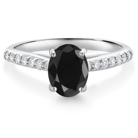 Gem Stone King 10K White Gold Black Sapphire and White Lab Grown Diamond Engagement Ring for Women (1.84 Cttw, Oval 8X6MM, Gemstone September Birthstone, Size 7)