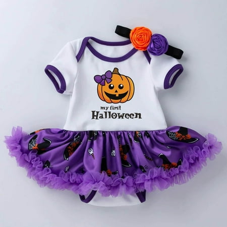 

GHSuoui Newborn Infant Baby Girls Print Spring Autumn Halloween Pumpkin Short Sleeve Tulle Romper Bodysuit Headbands Clothes