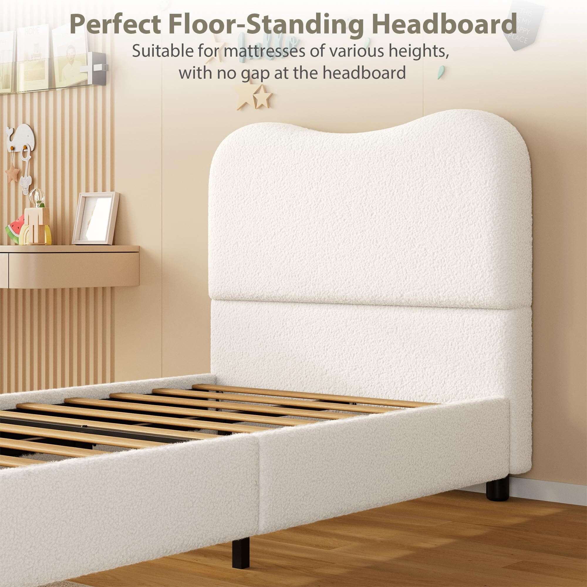 Jojoka Modern Queen Bed Frame Upholstered in Soft Boucle Fabric, Sturdy Wooden Slats, No Gap Headboard, Easy Assembly, No Box Spring Needed, Beige