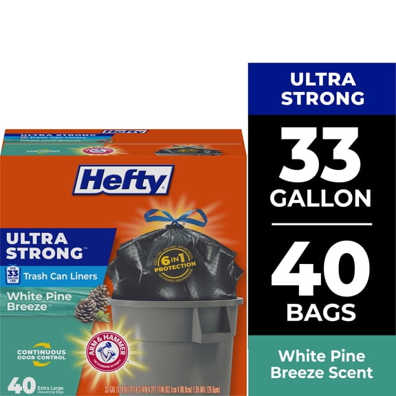 Hefty Ultra Strong 33 Gallon Trash Bags, Black Large Trash Bags, White Pine Breeze Scent, 40 Bags