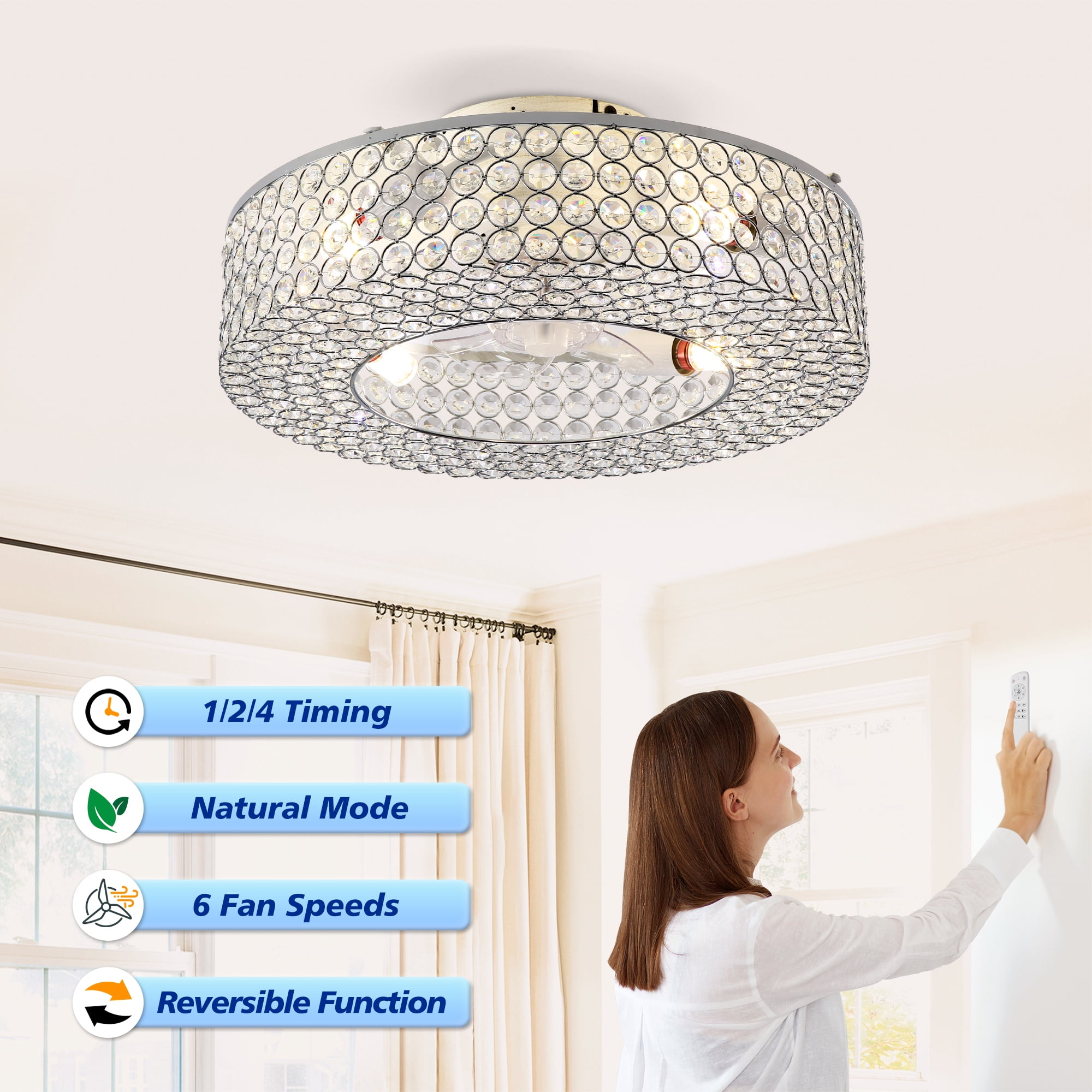 Leumius 19.6" Crystal Ceiling Fans with Light and Remote Control, Chandelier Fan 6 Speed DC Motor Reversible Ceiling Fan for Living Room Bedroom (NOT Included Bulbs)