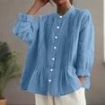 thumbnail image 5 of HongQid Womens Long Sleeve Tops Cotton Linen Button Down Shirts Round Neck Pleated Casual Loose Blouses Roll Up Sleeve Shirt, 5 of 6
