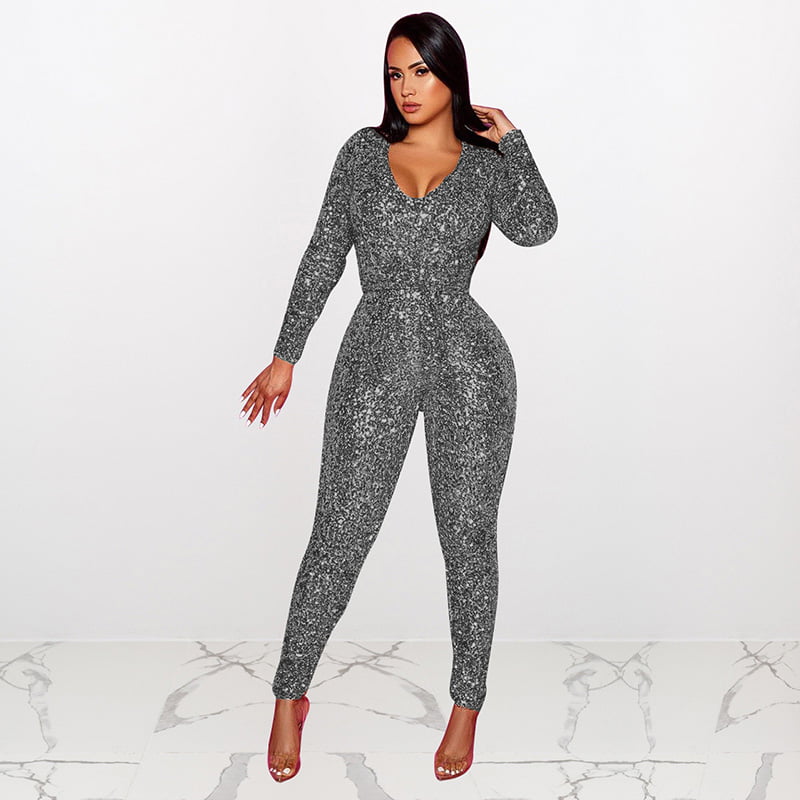 Women Long Sleeves Zipper Solid Color Bandage Bodycon Casual Overalls Jumpsuit