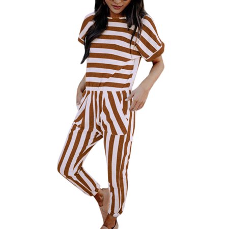 

Casual Jumpsuits For Women S Fashion Striped Short Sleeve O-Neck Long Romper Bronze XL