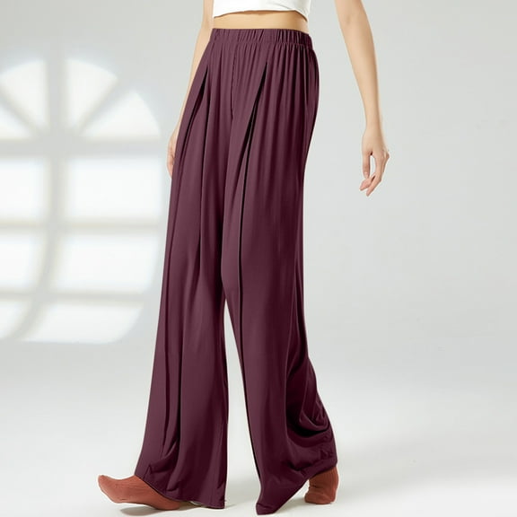 Wyongtao Women's Pleated Wide Leg Pants Elastic High Waist Flowy Dress Long Palazzo Pants,Purple XL