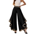 thumbnail image 2 of Women's High-Waisted Chiffon Palazzo Pants with Gold Trim - Tiered Ruffle Wide Leg Trousers, Flowy Boho Culottes for Summer Black L, 2 of 6