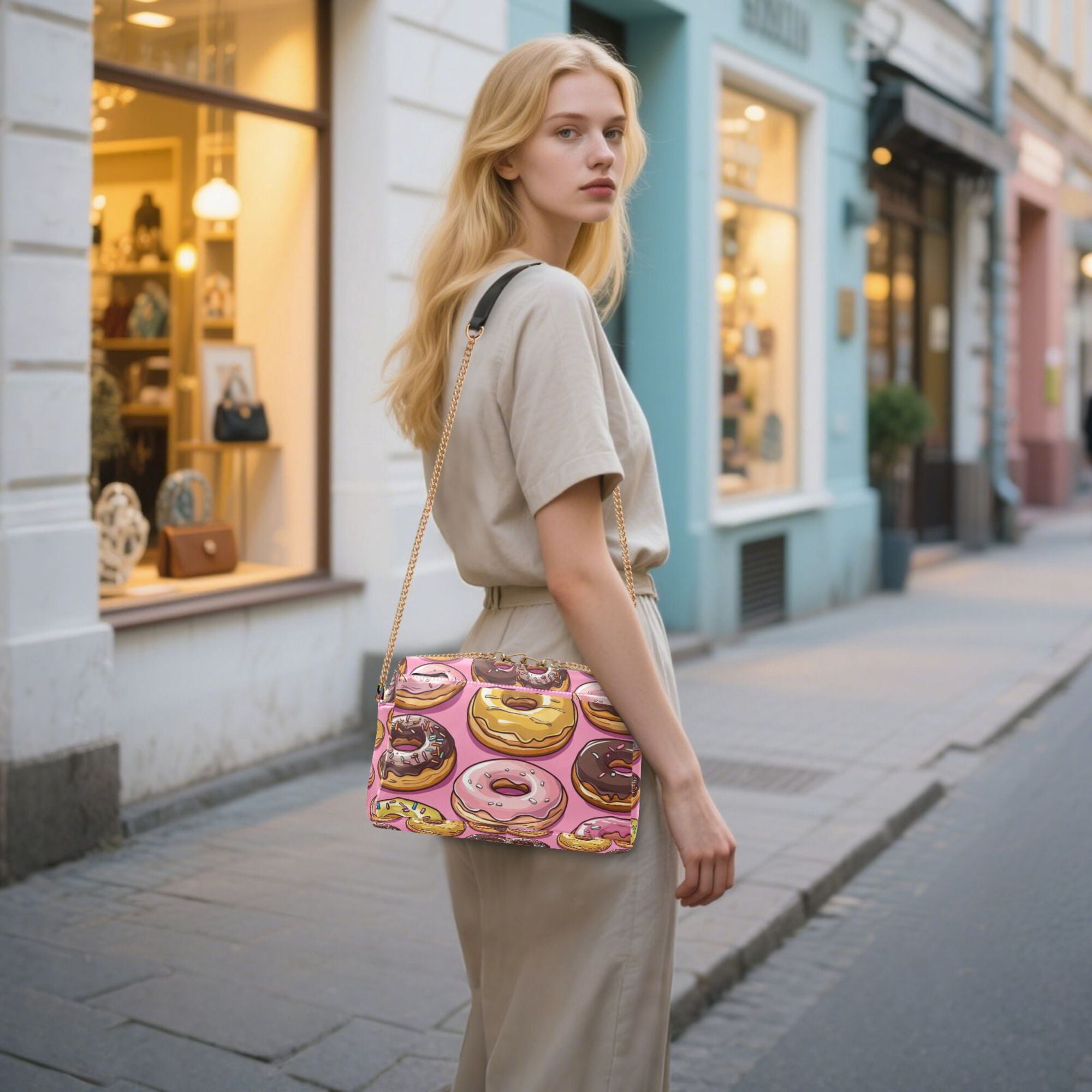 FORMRS Women Crossbody Purse with Chain Strap Vegan Leather Shoulder Handbag, Cute Doughnuts Pattern