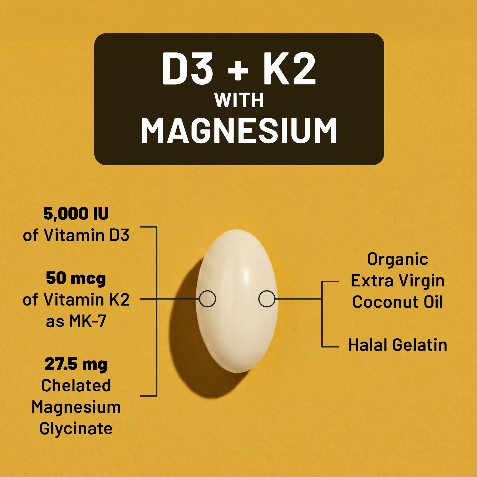 NatureWise Vitamin D3 K2 Magnesium Glycinate 275mg - Extra Strength Vitamin D3 5000IU + K2 50mcg - High Absorption Chelated Magnesium - Bone Support - Non-GMO, USA Manufactured - [90 Day Supply]