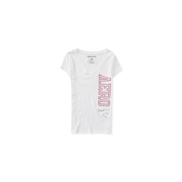 Aeropostale Sparkle Puff Paint - Camiseta adornada para mujer, color blanco, pequeña Aeropostale Camiseta adornada