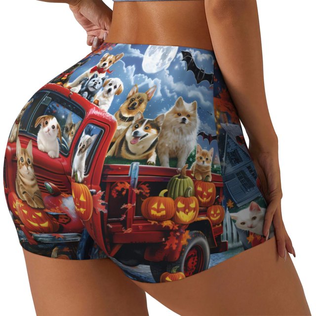 Fotbe Halloween Pets Pumpkins Shorts Sin Costuras – Shorts Deportivos de Cintura Alta para Mujer, Elásticos para Gimnasio, Yoga, Running o Ciclismo-XX-Large
