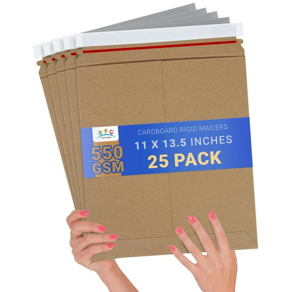 Brown Rigid Mailers, 11 x 13.5 Inches. Pack of 25 Photo Mailer Envelopes. Flat Cardboard Mailers Self-Seal. Sturdy Cardboard Photo Envelope. Recyclable Hard Shipping Envelopes