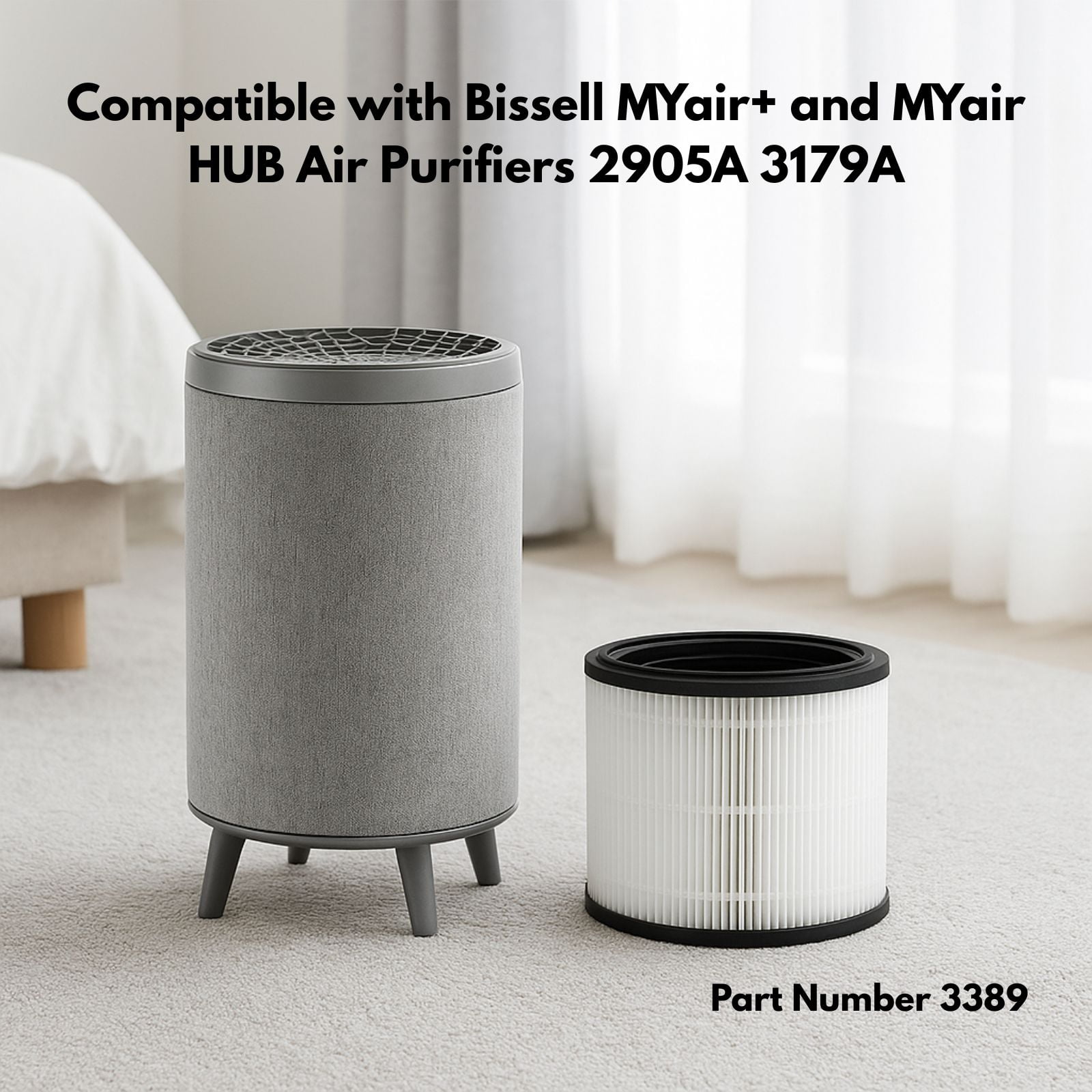 3-in-1 True HEPA Activated Carbon Filter Replacement Compatible with Bissell MYair Pro Air Purifier 3139A Hub 2905A Part 3069 3389. Size 6.1" x 6.1" x 6". 3 Packs