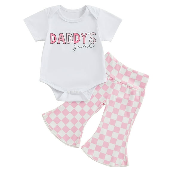 Mevireiy Father's Day Outfits Short Sleeve Romper Tops Elastic Waist Plaid Flared Pants, Pink, 6-9 Months