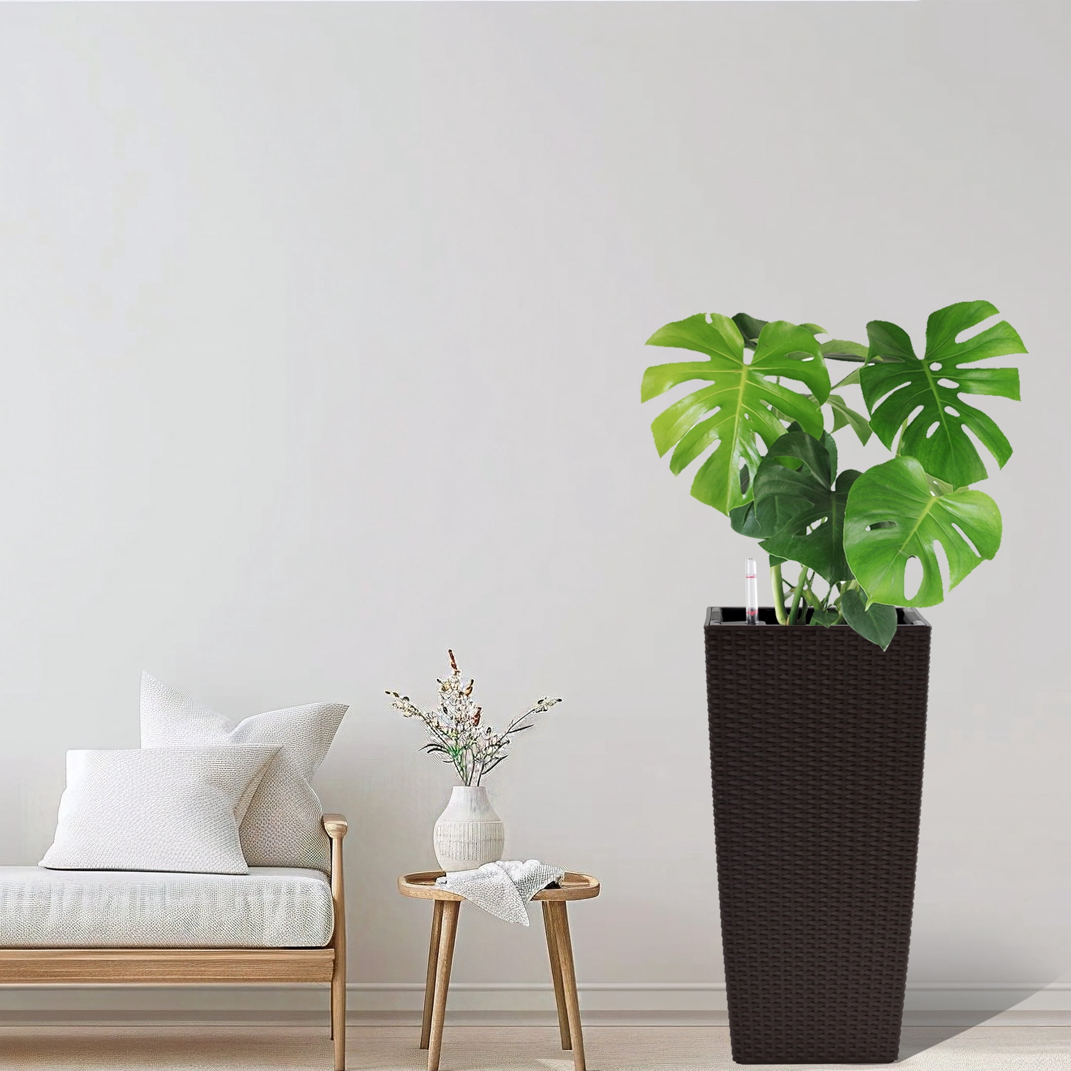 Noble House 2 Pack 22.61" Tall Square Self-Watering Planters, Faux Rattan Indoor Outdoor Flower Pots, Brown