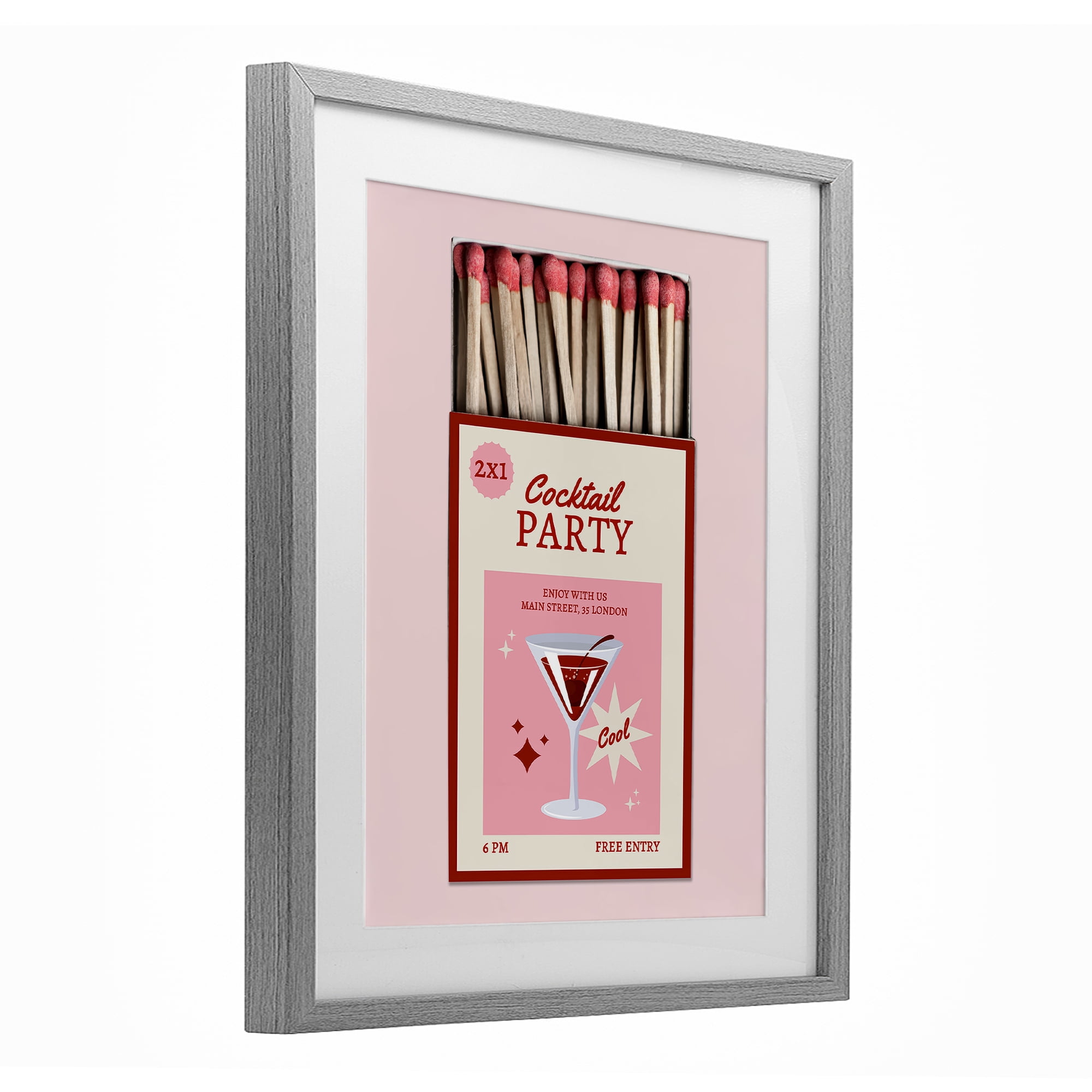 Stupell Industries Cocktail Party Matchbox Gray Framed Print Under Glass, design by CAD Designs