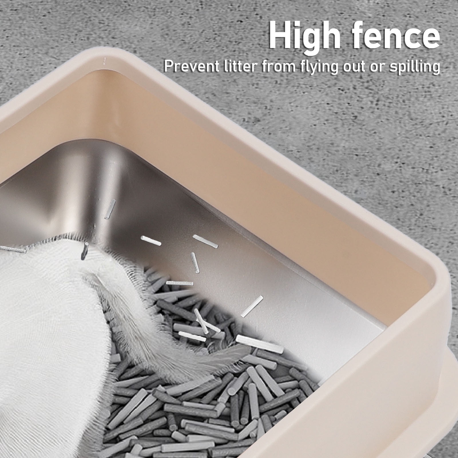 BOKYAN Stainless Steel Cat Litter Box Anti Splashing High Sided Metal Kitty Tray with Scoop for Indoor Cats Beige Large 19.7 x 13.8 x 9.8 inches / 50 x 35 x 25 cm