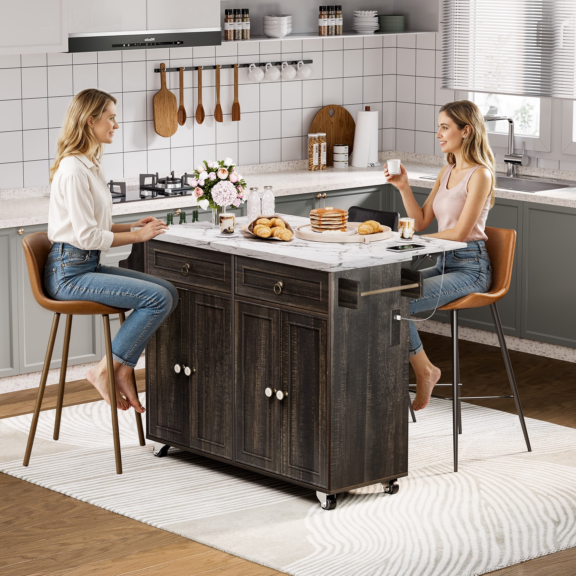 Farmhouse Kitchen Island Cart with Foldbale Tabletop and Power Outlet, Portable Rolling Kitchen Island with Locking Wheels, Spice Rack & Storage Cabinet, Retro Brown