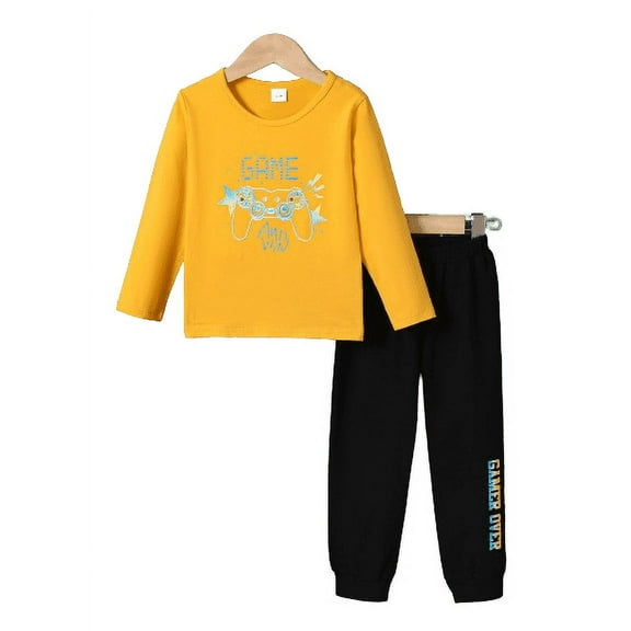Mikrdoo Kid Todder Boys Pants Sets Games Console Print Long Sleeve Casual Pullover Tops Elastic Pants 2Pcs Autumn Outfits 6-7 Years Yellow