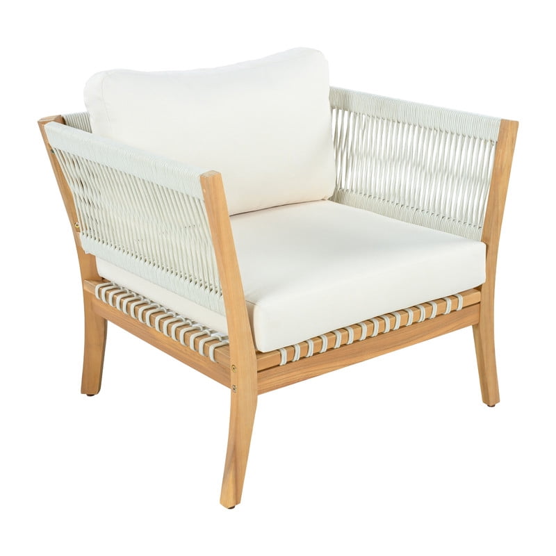 1Pcs Outdoor Acacia Wood Dining Chair with Woven Rope Armrests, Weather-Resistant Modern Accent Armchair with Thick Cushions