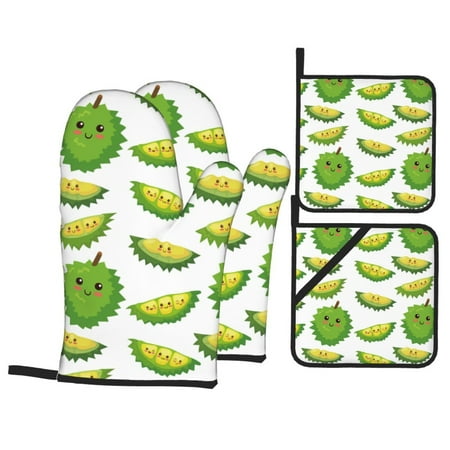 

Oven Mitts and Pot Holders Sets 4 pcs Cute Durian Mint Green Non-Slip Oven Gloves Potholders Soft Quilted Lining Heat Resistant Gloves Hot Pads for Kitchen Cooking Baking