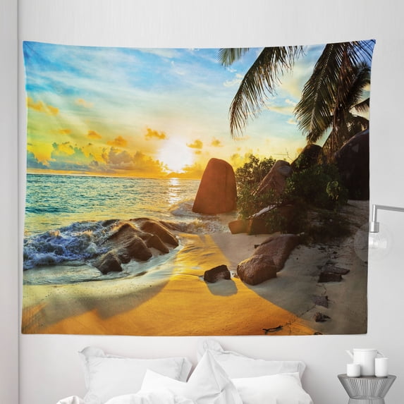 Beach Tapestry, Exotic Ocean Scenery of Tropical Island Sunset Wild Nature Rocks and Sands, Fabric Wall Hanging Decor for Bedroom Living Room Dorm, 5 Sizes, Apricot Multicolor, by Ambesonne