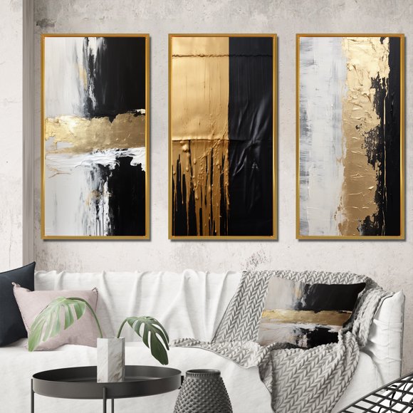 Designart « Essential Nature Gold and Black Abstract » Peinture Abstraite Ensemble d'Art Mural Encadré de 3 - Ensemble de Toiles à Cadre Moderne Doré pour Déco de Salon