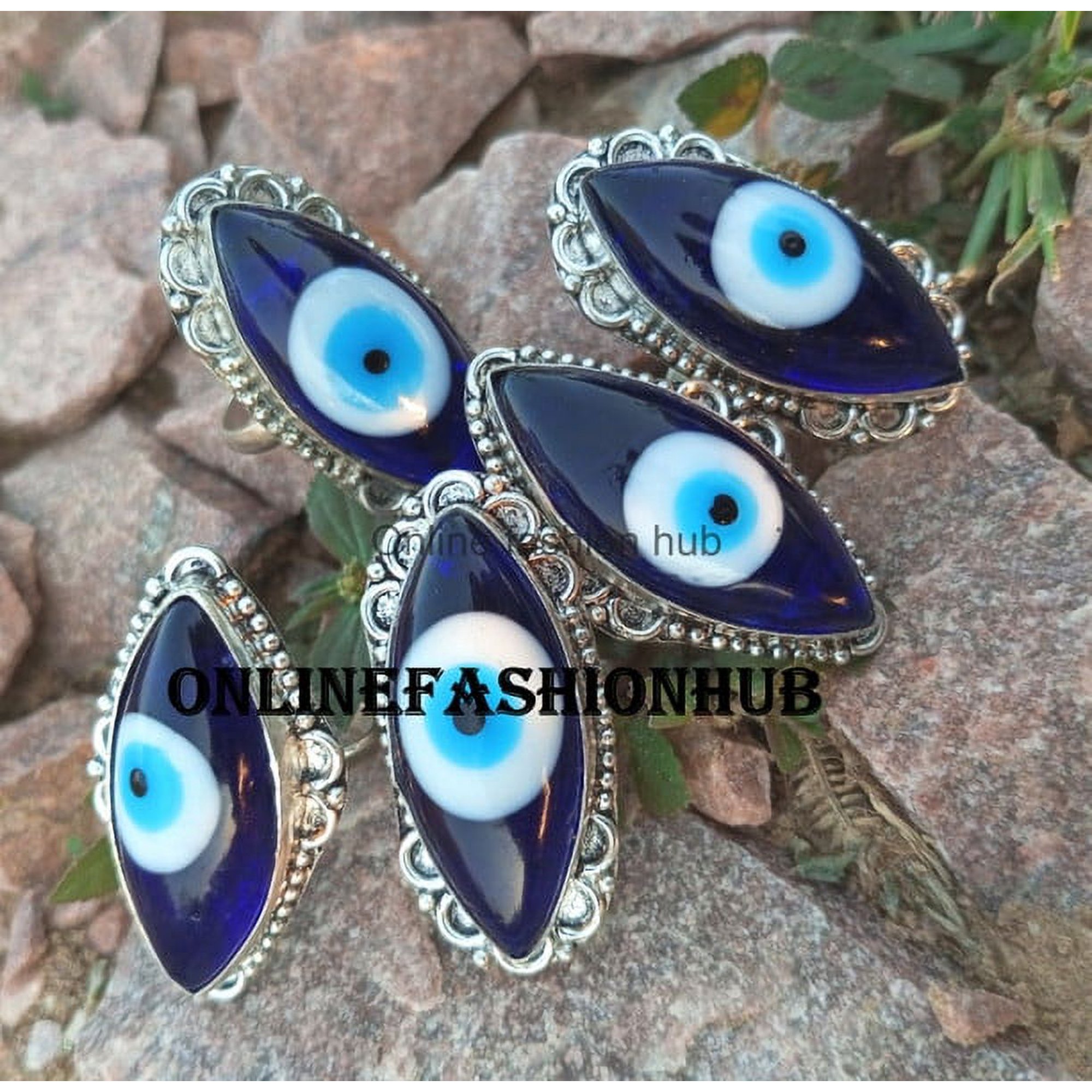 Evil Eye Gemstone 925 Sterling Silver Plated Handmade Ring 10 Pcs