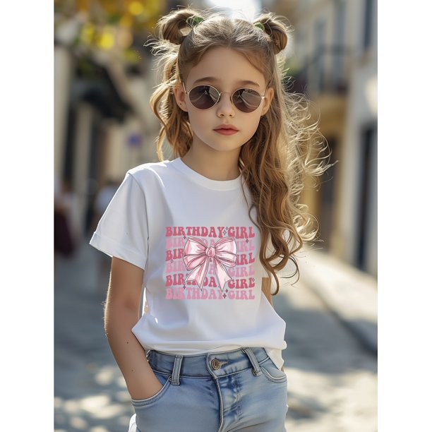 Camiseta con estampado de lazo rosa para niña de cumpleaños - Cuello redondo informal, manga corta, estilo veraniego para niñas de 8 a 14 años, tela ligera de algodón, perfecta para celebraciones de