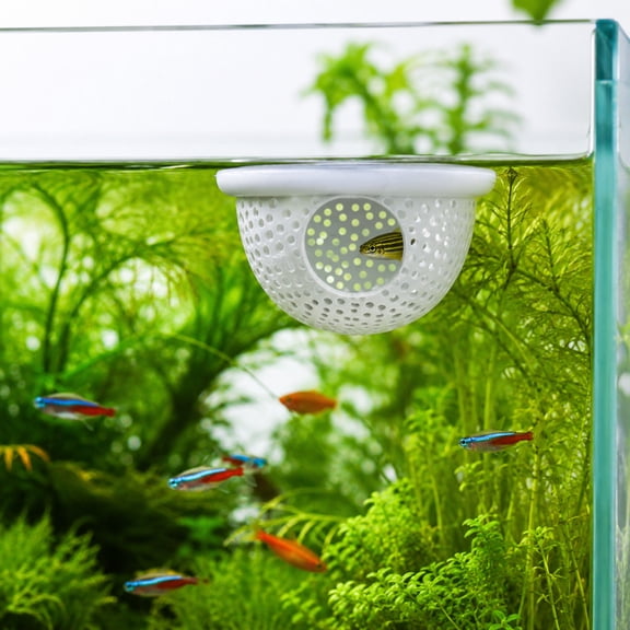 Aquarium Floating Cave & Feeding Ring 2-in-1 | Breeding Shelter for Cichlid, Betta & Shrimp Tank Decor, Mesh Hollow Hiding Cave, Adjustable Fish Tank Ornament