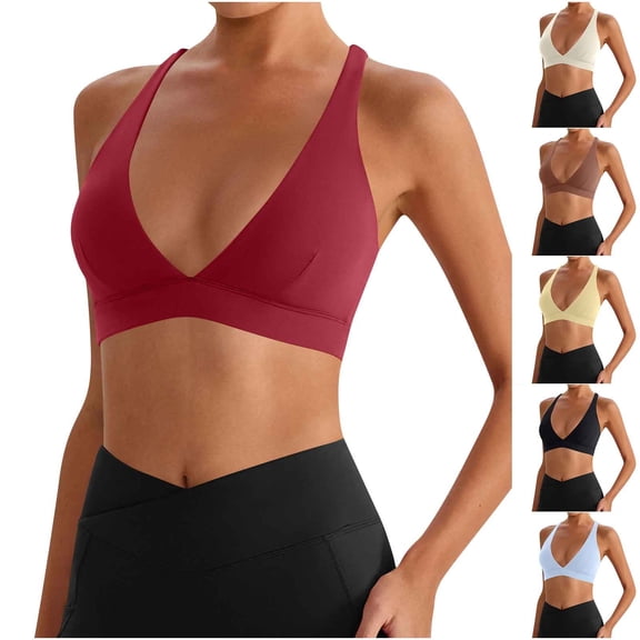qafoshin Sport Bras for Women Solid Color Padded Elastic Halter Backless Fitness Bras High Impact Wirefree Workout Bras