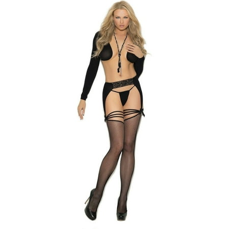 - Elegant Moments EM-1351 Fishnet thigh hi with lace and opaque garter belt Black / O/S
