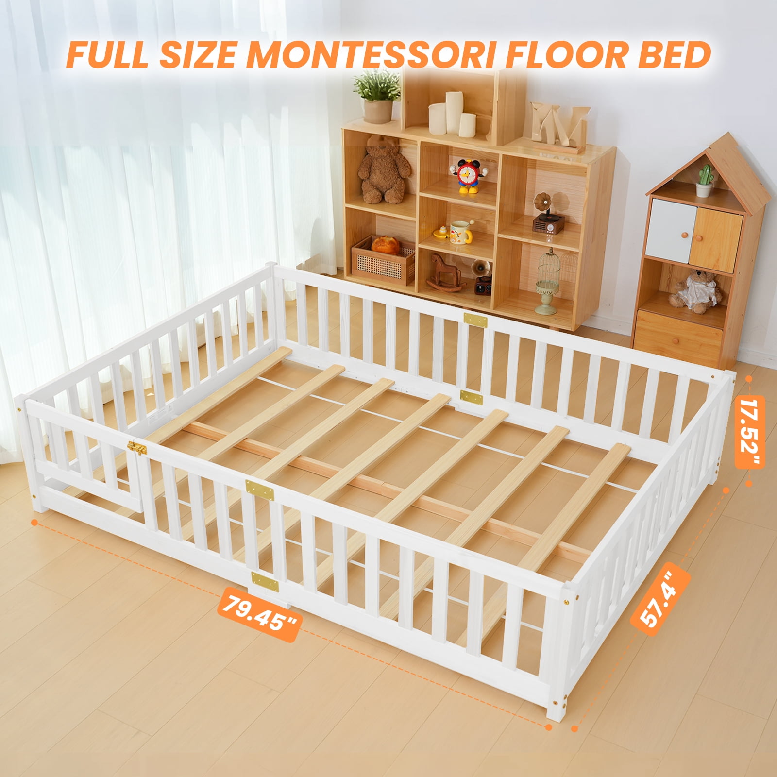 Slsy Full Size Toddler Floor Bed,Solid Wood Montessori Bed Frame with Fence & Door Montessori Floor Bed Crib with Safety Guardrails for Girls and Boys