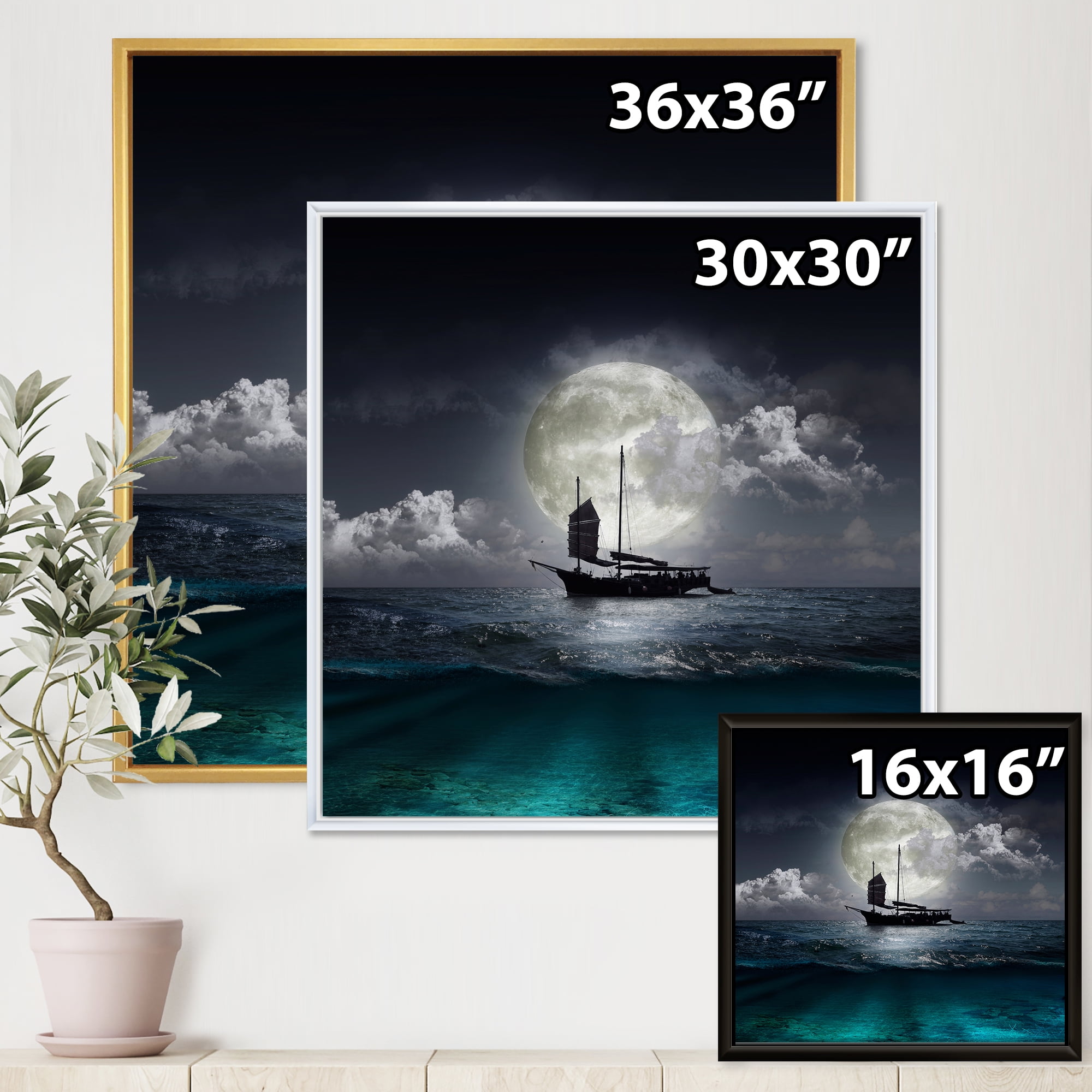 Designart 'The Lake During Full Moon With Fisher Boat' Nautical & Coastal Framed Canvas Wall Art Print