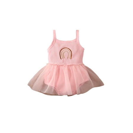 

Liacowi Newborn Ribbed Romper Dresses Baby Girls Summer Rainbow Pattern Spaghetti Strap Tulle Skirt Bodysuit