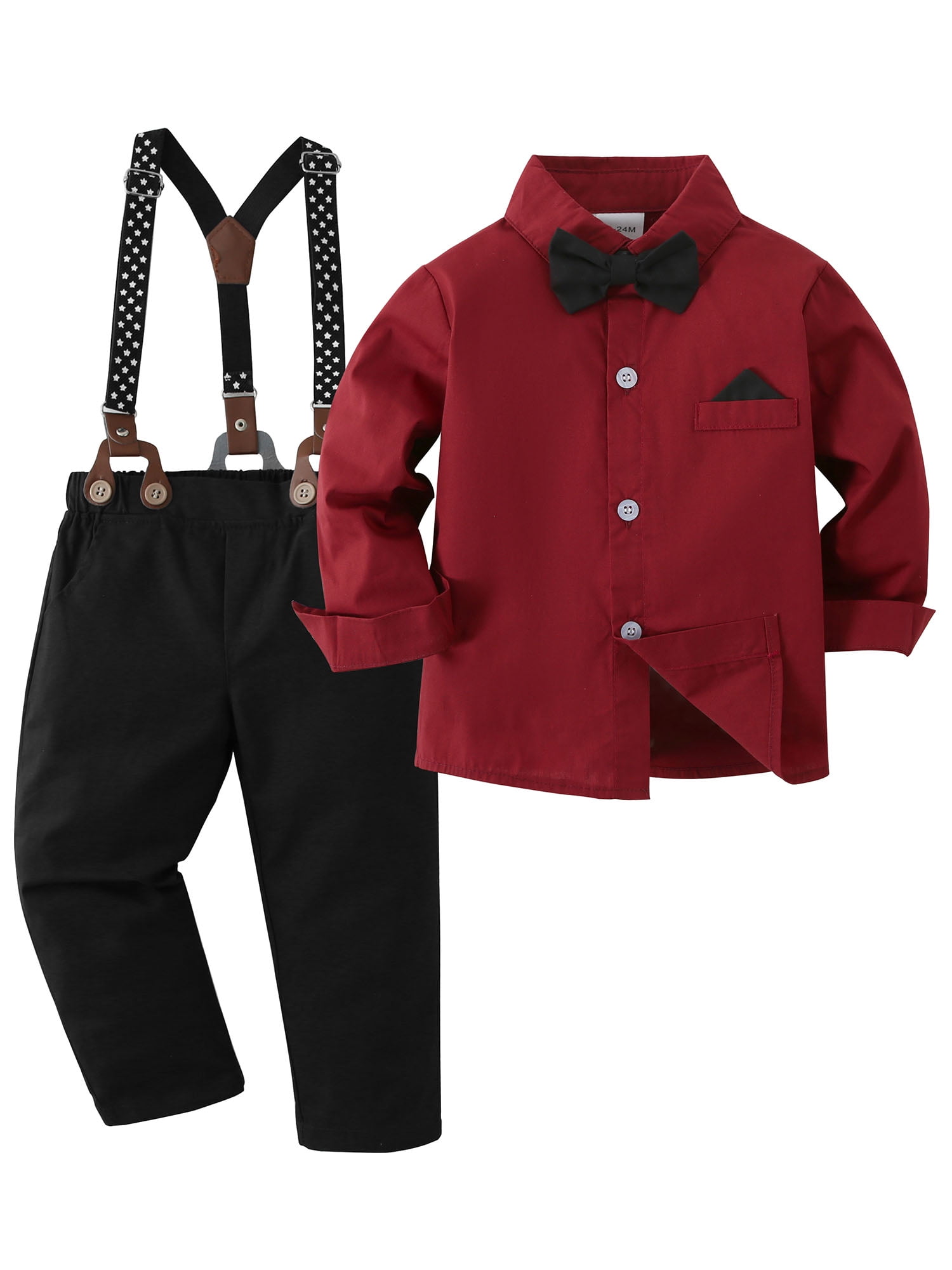 CARETOO Toddler Boy Suits Outfit 1-6T Toddler Baby Boy Formal Dress Shirt Suspender Pants Bowtie 3PCS Baptism Church Clothes