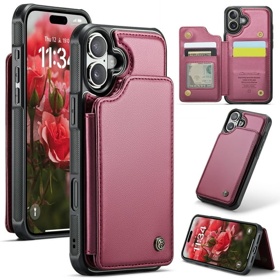 Feishell for iPhone 16 Plus Case with Card Holder, Wallet Case for Women Men with RFID Blocking, Durable PU Leather Kickstand Magnetic Clasp Shockproof Phone Case,Winered