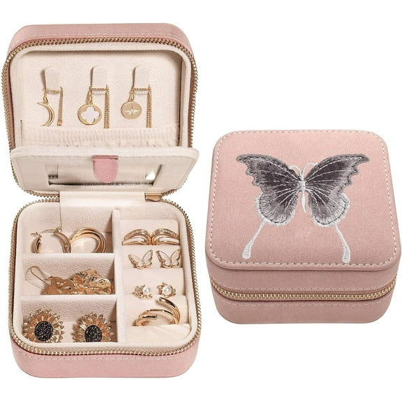 S.Leaf Travel Jewelry Organizer Travel Jewelry Boxes for Women Small Jewelry Travel Case Box Portable Travel Jewelry Case Travel Case Mini Jewelry Box (D-Suede-Pink-Butterfly-Gray)