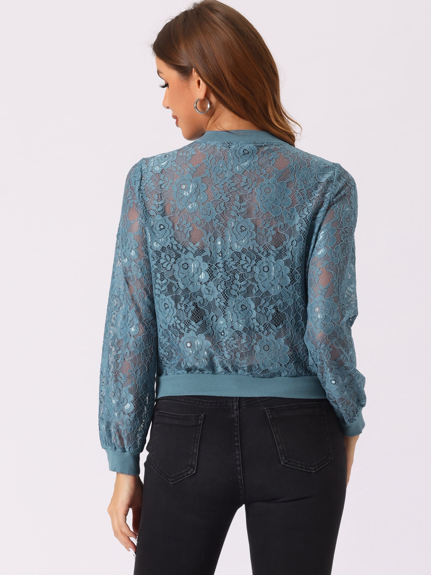 DARING DIVA Women's Lace Jackets Stand Collar Zip Up Gothic Sheer Baseball Jacket L Blue Grey