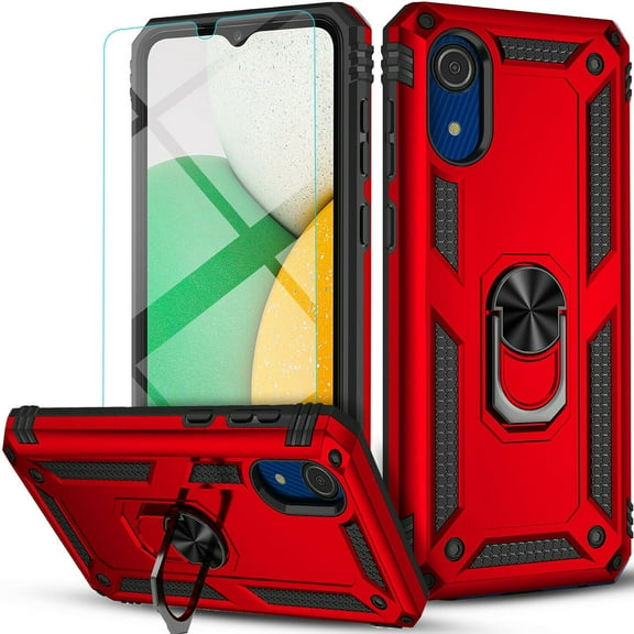 Starshop Case for Samsung Galaxy A03 Core,  Glass Screen Protector, Drop Protection Ring Kickstand Cover Red