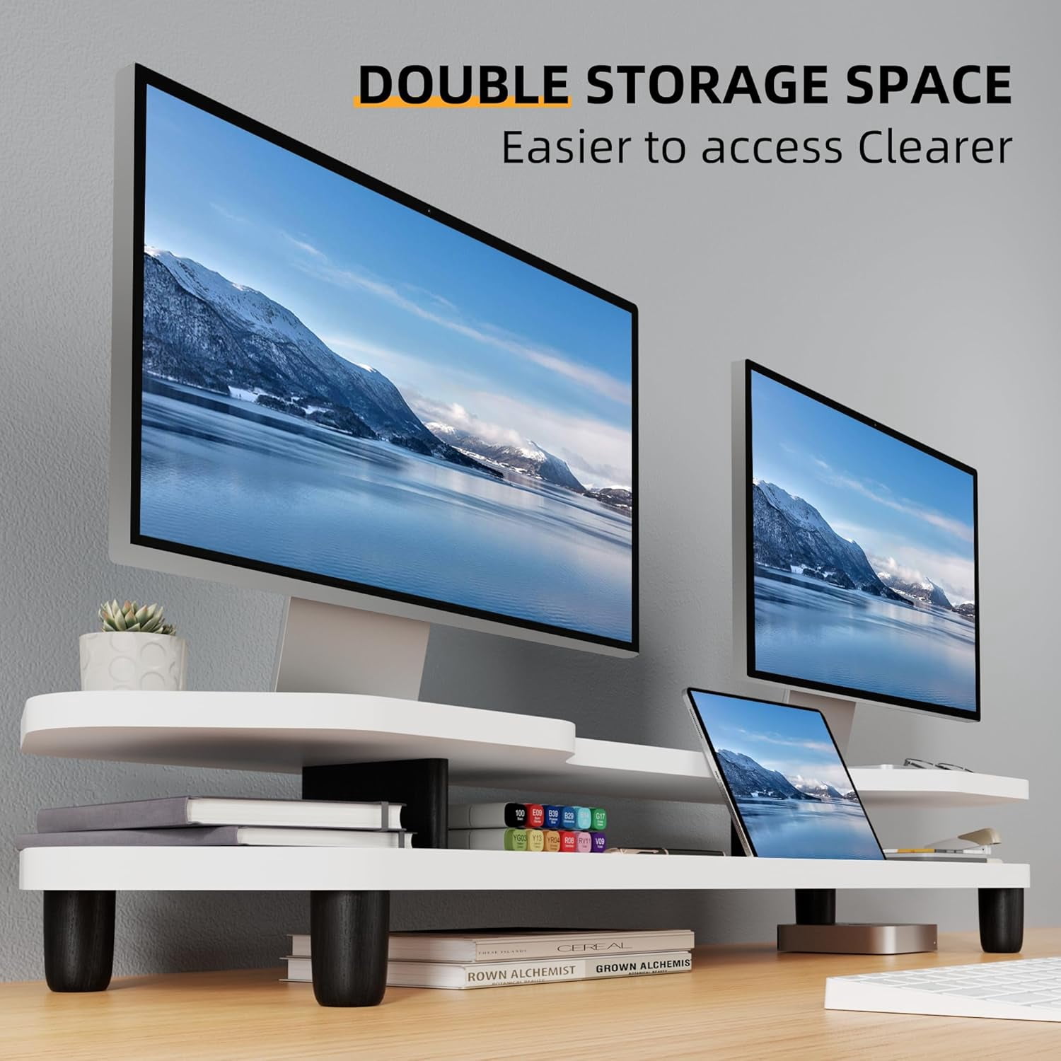 39.4 Inch Dual Monitor Stand with Storage Shelf, 2-Tier Wooden Desk Organizer Riser for Computer, Laptop, Printer and Phone/Tablet