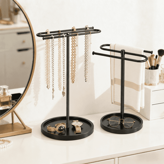 S-Shaped Free Standing Towel Holder, Black Countertop Organizer for Bathroom & Kitchen, Multi-Use Jewelry Stand