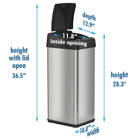 iTouchless - 13 Gallon Rectangular Sensor Trash Can with AbsorbX Odor Control System, Stainless Steel Kitchen Automatic Garbage Bin - Silver