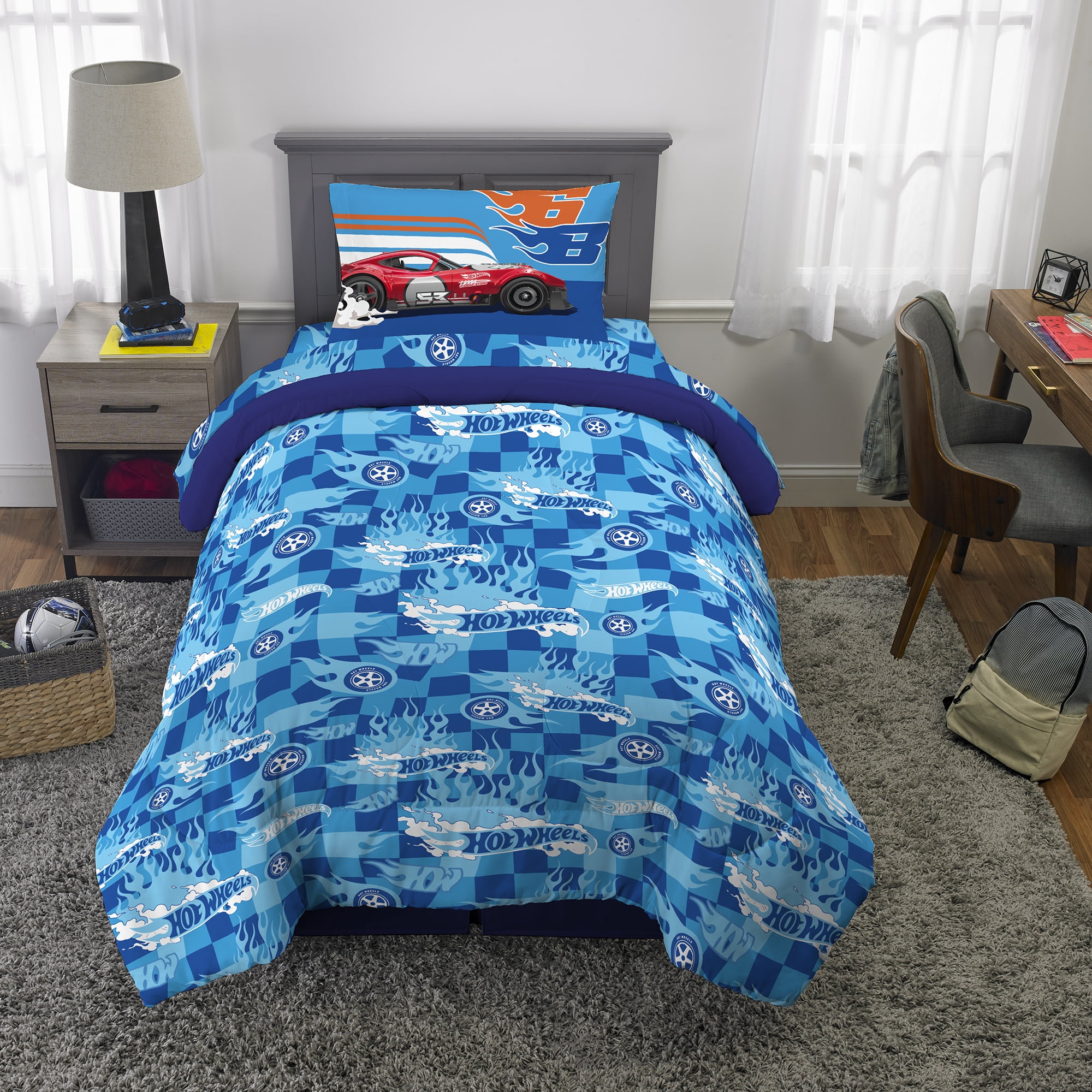 Hot Wheels Kids Twin Bed in a Bag Comforter and Sheets. Mattel Walmart
