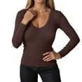 thumbnail image 2 of Lixiuxyad Women T-Shirt Ribbed Long Sleeve T Shirt Slim Fit V Neck Casual Stretchy Soft Comfortable Basic Tee Shirt For Daily Wear,Brown, 2 of 6