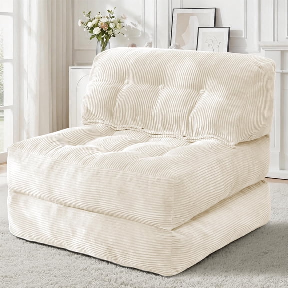 Beige Corduroy Folding Sofa Bed Convertible Sleeper Chair With Back Support And Pillow