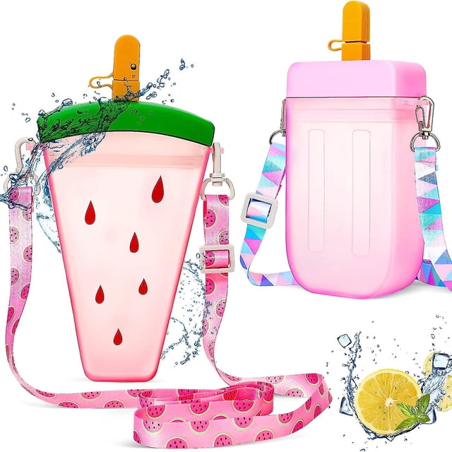 Botella de agua de paletas creativa de 2 piezas con pajita, linda botella de agua de sandía y helado con correa, botella de agua Kawaii de plástico a prueba de fugas adecuada para Fo