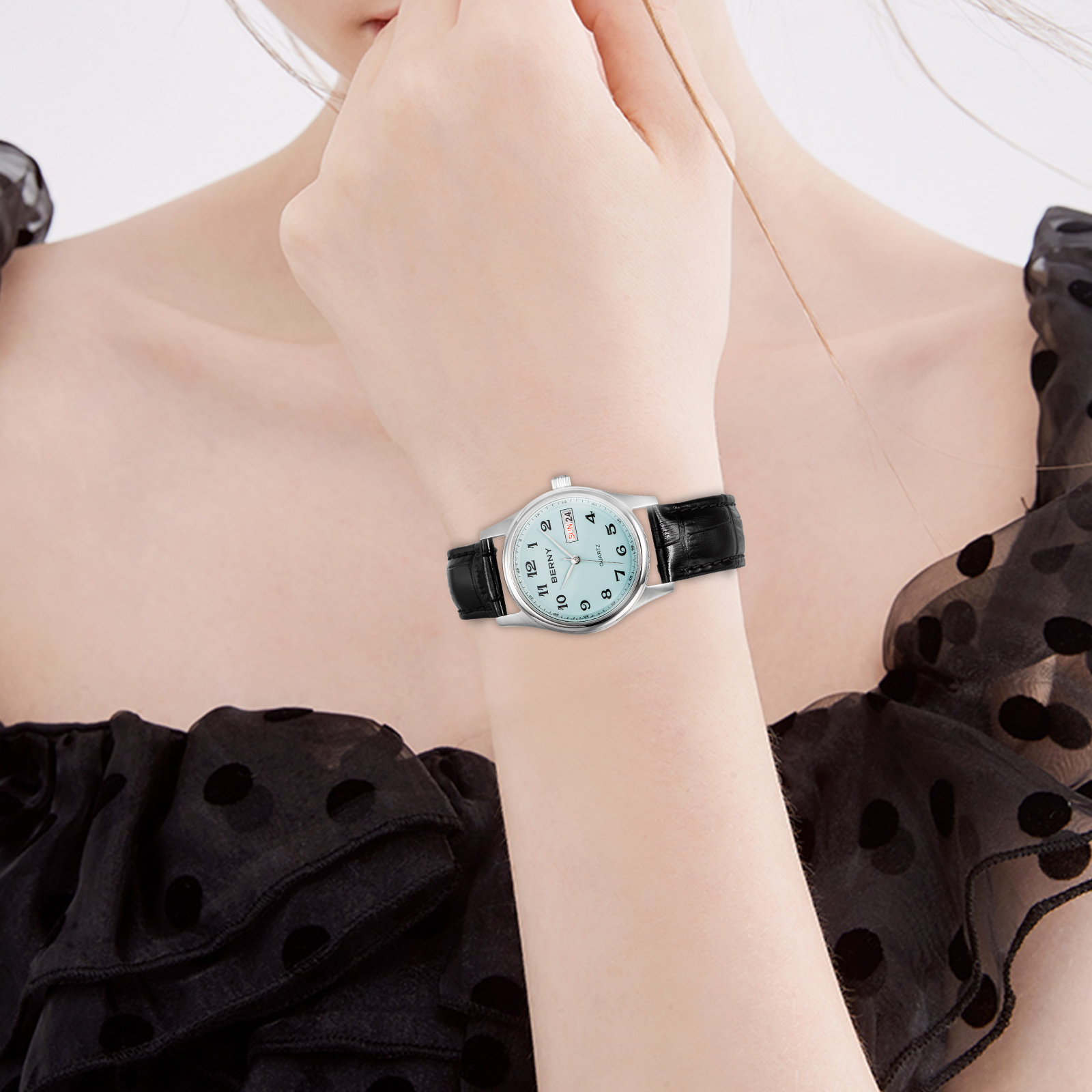 BERNY Quartz Watch for Women Classic Arabic Numerals Easy to Read Dress Womens Wrist Watch with Leather Strap, 3ATM Waterproof Day & Date Calendar Gift watch -Light Blue Dial