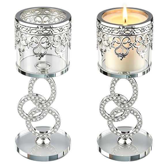 2 PCS Crystal Candle Holders, Silver Votive Candle Holder with Glass Cup and 3-Ring Rhinestone Stand, Mirror Base Tea Light Candlestick Stand for Wedding Table Home Shelf Entryway Decor