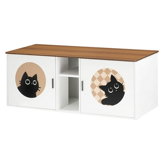 HOOBRO Double Cat Litter Box Enclosure with Middle Storage Shelf, Dual Hidden Litter Box Furniture, Unique Patterned Litter Box Cabinet, White and Walnut WH25MW01
